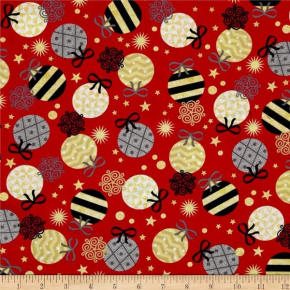 All That Glitters Metallic Ornaments on Red Fabric