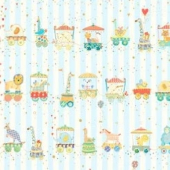 Animal Parade Blue on White Stripes Fabric