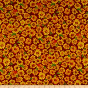 Autumn Bounty Tossed Sunflowers on Wine Fabric
