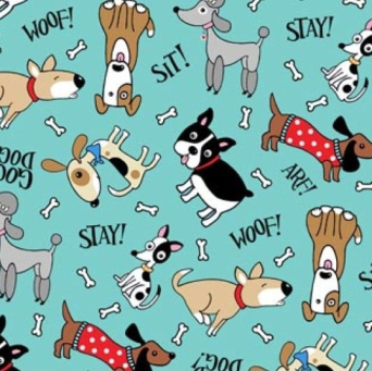 Doodle Dogs on Turquoise Fabric