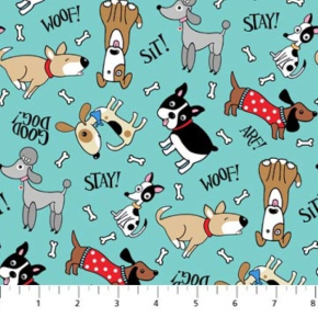 Doodle Dogs on Turquoise Fabric