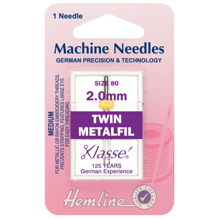 Hemline Sewing Machine Needles: Metalfil Twin: 80/12, 2mm: 1 Piece