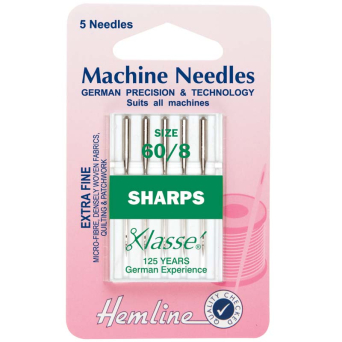 Hemline Sewing Machine Needles: Sharp/Micro: Extra Fine 60/8: 5 Pieces