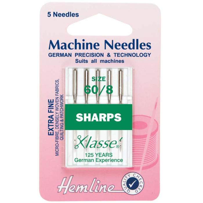 Hemline Sewing Machine Needles: Sharp/Micro: Extra Fine 60/8: 5 Pieces