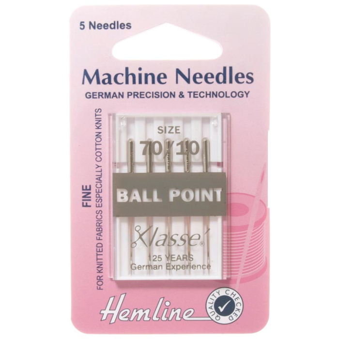 Hemline Sewing Machine Needles: Ball Point: Fine 70/10: 5 Pieces